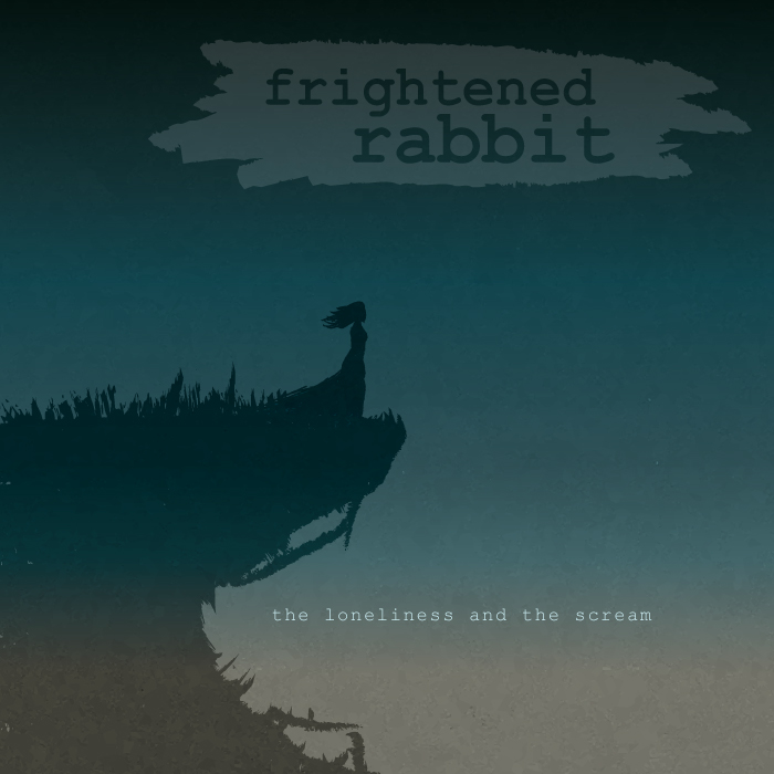 An illustrated CD cover displaying a rocky cliff with a girl standing on it. The cliff is shaped like an open mouth and the title "The Loneliness and the Scream" is written across the cover's dark sunset background.