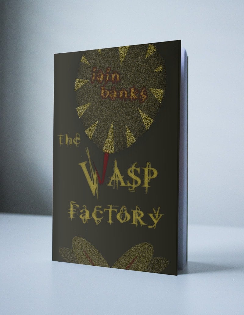 A book cover featuring an illustration of the bottom half of a wasp. It's bright red stinger is broken and makes up half of the W in the title "The Wasp Factory".